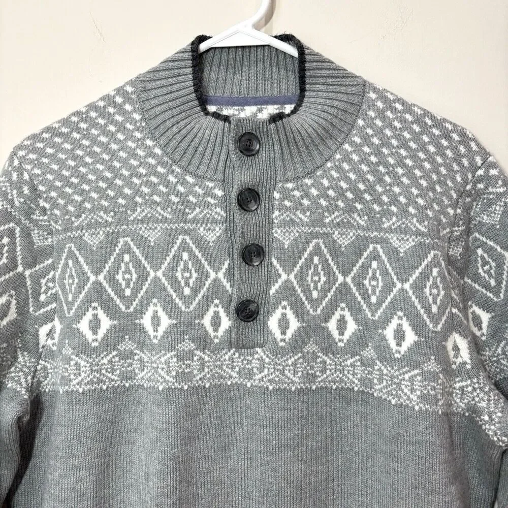 Jos A Bank 1905 Tailored Fit Chunky Knit Henley Sweater Men L Gray Fair Isle